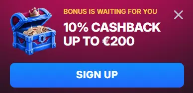 Skycrown Casino cashback bonus pop-up banner with a treasure chest and a sign-up button.