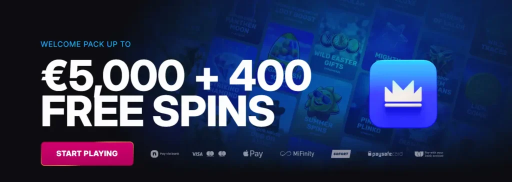 Skycrown Casino welcome pack banner offering €5,000 and 400 free spins.