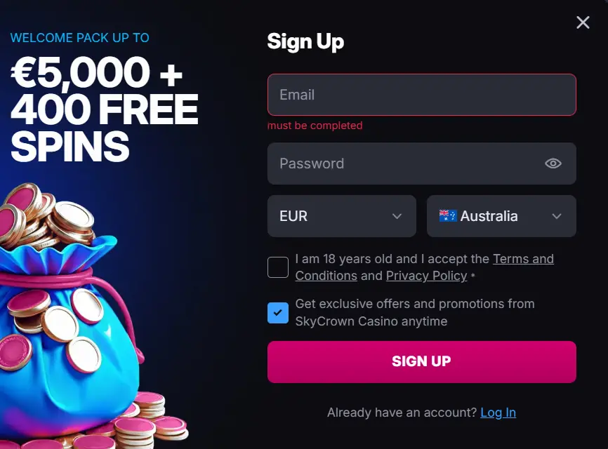 Skycrown Casino registration form for creating an account and receiving a bonus.