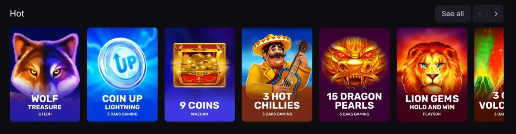 Hot games section on the Skycrown Casino website featuring popular game thumbnails.