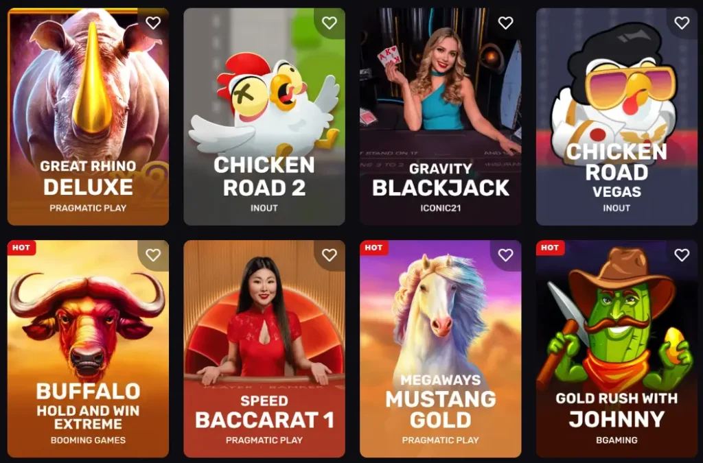 A selection of casino game thumbnails displaying various slots and table games available for players.