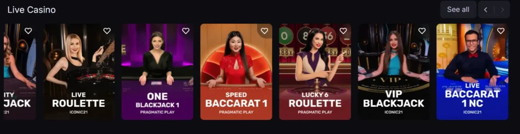Live Casino section with live dealer game thumbnails, showing real-time gaming options.