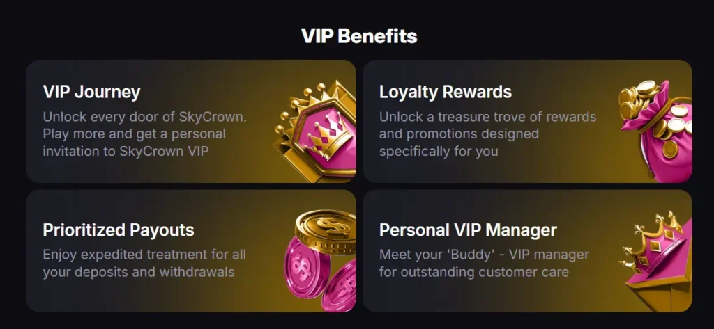 VIP benefits section on the Skycrown Casino website detailing rewards, prioritized payouts, and personal manager.
