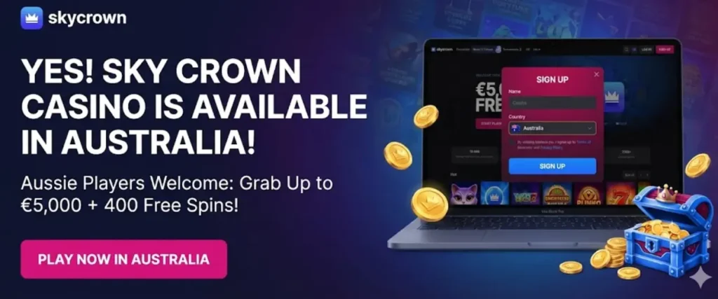 Banner confirming Skycrown Casino is available in Australia with welcome bonus details.