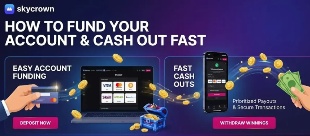 Skycrown Casino banner explaining easy account funding and fast cash outs with payment options.