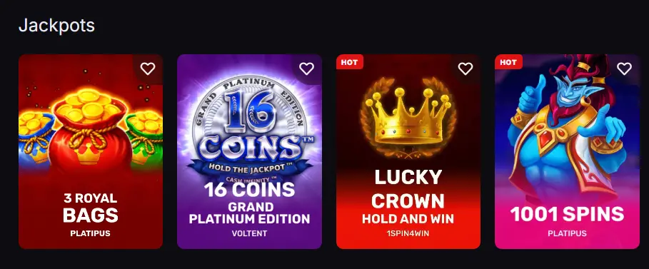 The Jackpot games section displaying hot slot machines with large payouts.