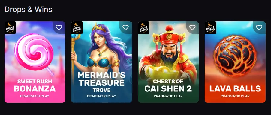 Drops & Wins section displaying qualifying slot games for special casino promotions.