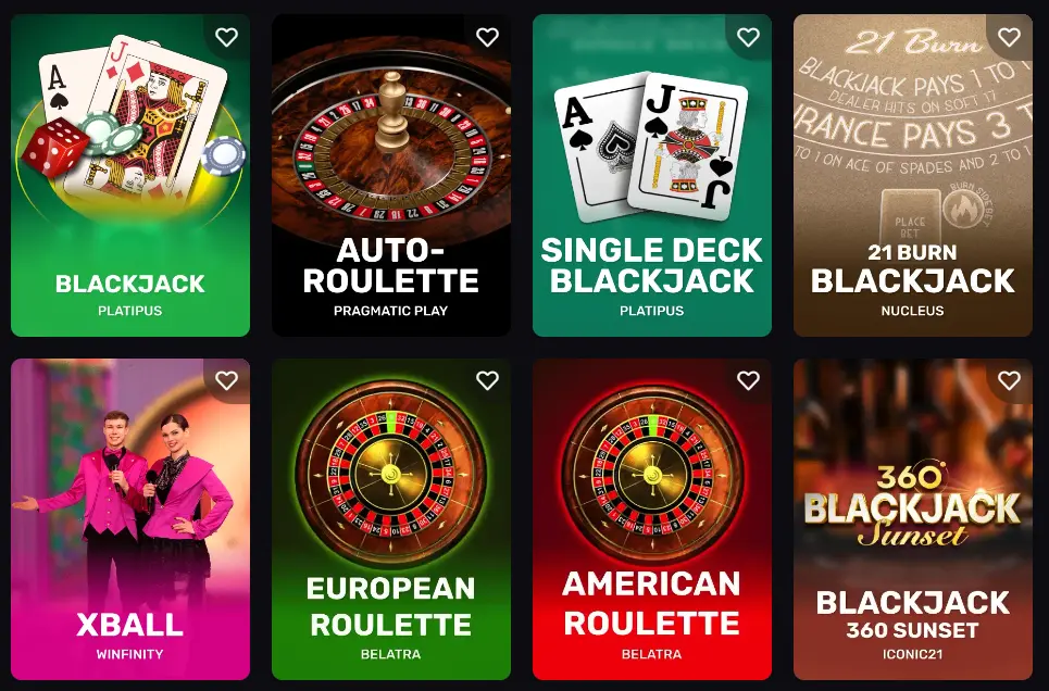 A selection of classic table games like Blackjack and Roulette in the Skycrown Casino games lobby.