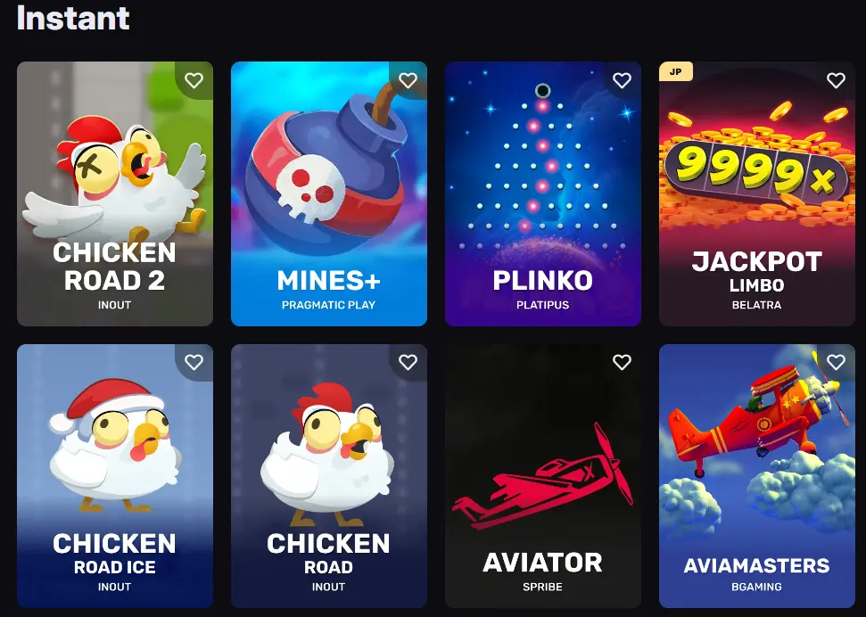 Instant win games section including Aviator and Plinko at Skycrown Casino for quick gameplay.