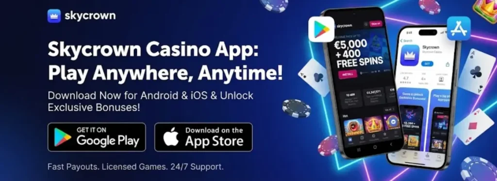 Skycrown Casino mobile app banner with download links for Android and iOS.