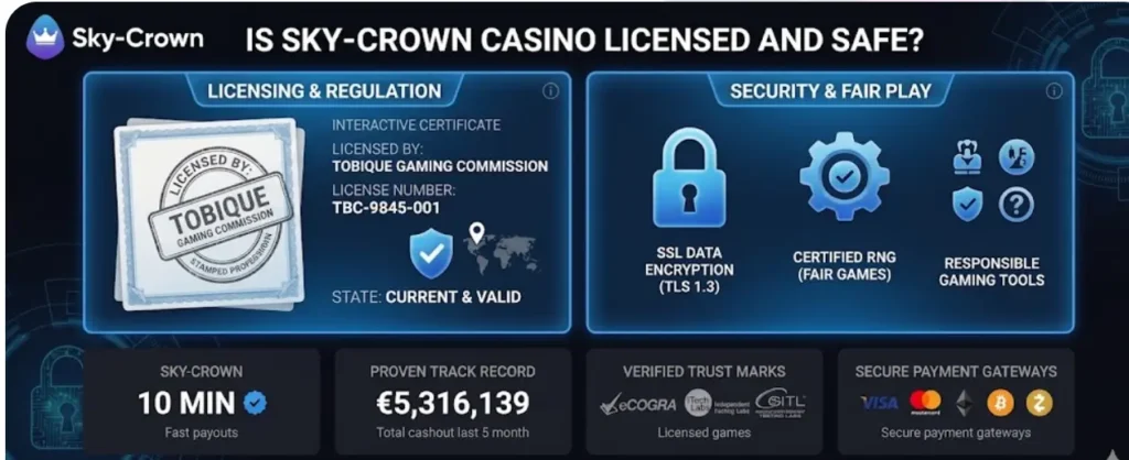 SkyCrown security infographic with Tobique license, confirming casino legitimacy and safety