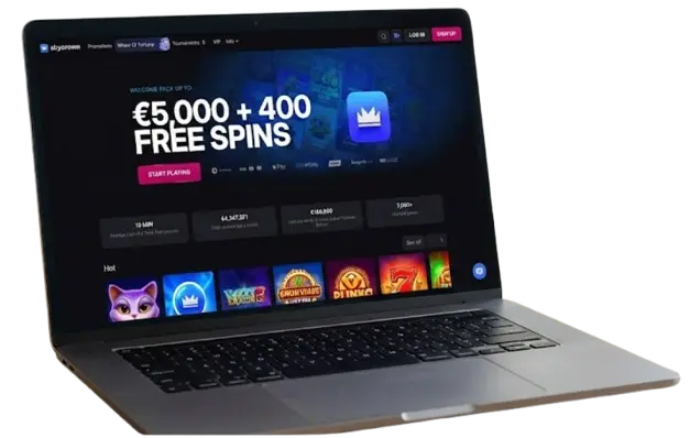 Laptop displaying the Skycrown Casino website showing the €5,000 and 400 free spins welcome bonus for new players.