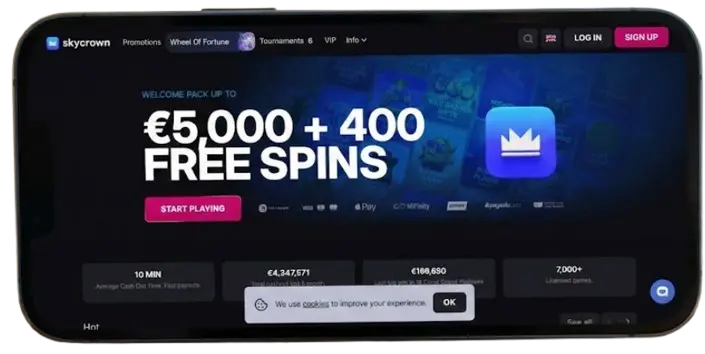 Skycrown Casino welcome pack section showing bonus details for four deposits.